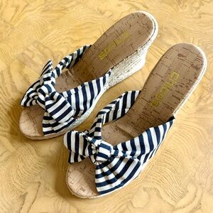 Chico’s Navy Striped Wedge Espadrille Bow Sandals Size 6